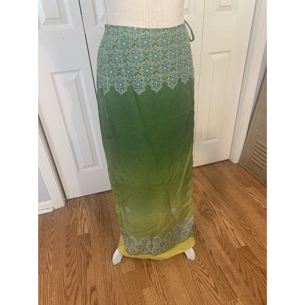 Boston Proper Rayon Mosaic Hippie Maxi Skirt Boho Chic Green Drawstring Sz 2